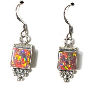 Fire Opal Square Stone and Sterling Silver drop Earrings